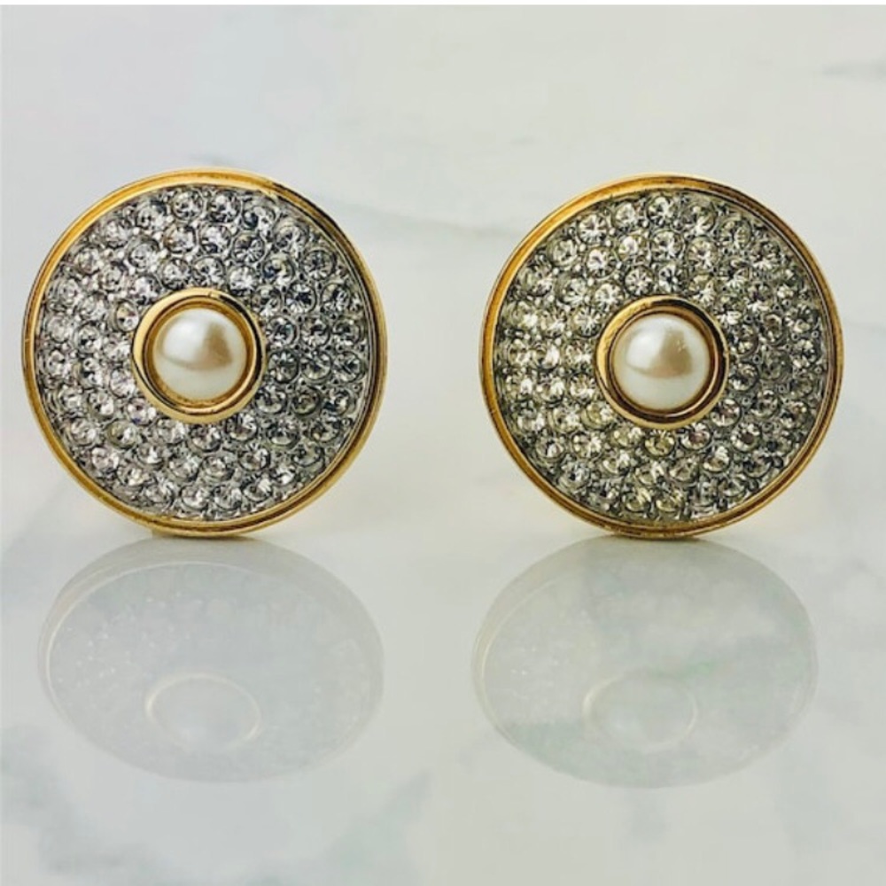 ULTRA RARE VTG 80s Givenchy Paris New York Diamanté Crystal Glass Pearl Earrings